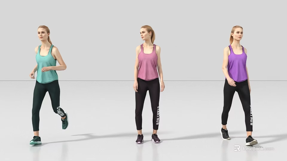 Women in green pink purple sport tank tops and black leggings posing against gray background 3d model 