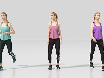 Women in green pink purple sport tank tops and black leggings posing against gray background 3d model