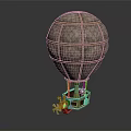Vintage Hot Air Balloon Amusement Ride With Golden Grid Frame Checkered Envelope And Decorative Basket
