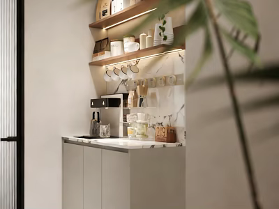 Modern Bar Counter Interior With Shelves Mugs Coffee Machine And Green Plant 3d model