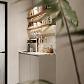 Modern Bar Counter Interior With Shelves Mugs Coffee Machine And Green Plant