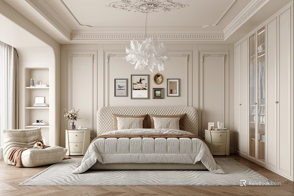 Elegant Bedroom Interior With Bedside Tables Chandelier Decorative Paintings Wardrobe And Rug 3d model 