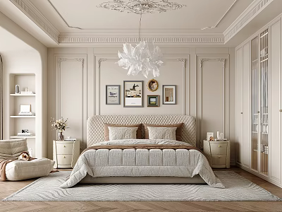 Elegant Bedroom Interior With Bedside Tables Chandelier Decorative Paintings Wardrobe And Rug 3d model