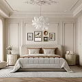 Elegant Bedroom Interior With Bedside Tables Chandelier Decorative Paintings Wardrobe And Rug