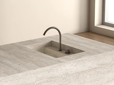 Modern Kitchen Sink With Curved Faucet On Light Stone Countertop And Wooden Floor 3d model