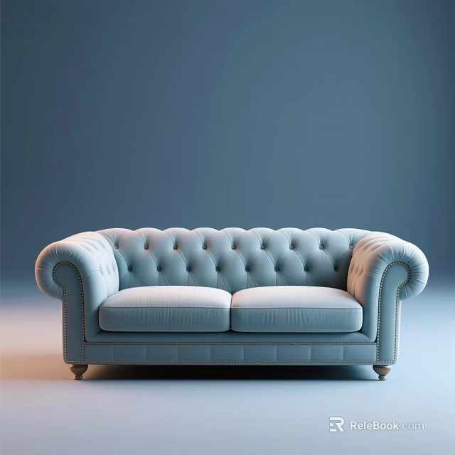 Elegant Light Blue Two Seater Sofa with Tufted Back Rolled Arms and Wooden Legs 3d model 