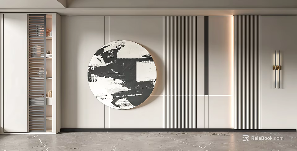 Modern Background Wall With Circular Abstract Art Vertical Textured Panels And Lighting 3d model
