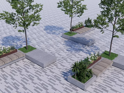 Outdoor Plaza With Green Trees Wooden Benches And Flower Planters On Paved Ground 3d model