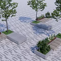 Outdoor Plaza With Green Trees Wooden Benches And Flower Planters On Paved Ground