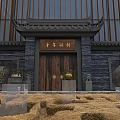 Industrial Interior Space Featuring Circular Stone Wall With Golden Statue And Green Plants