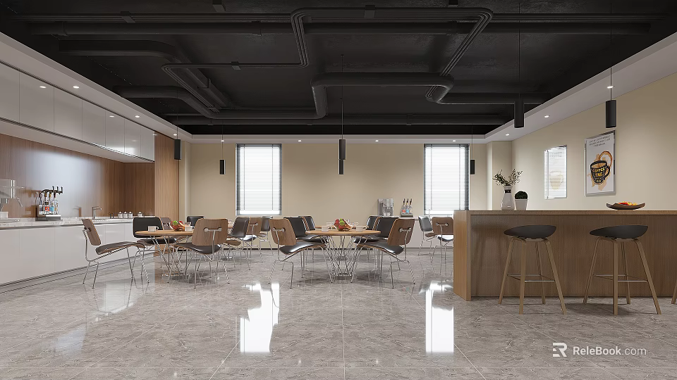 Modern Office Break Room Interior With Open Layout Tables Chairs Bar Counter And Windows 3d model