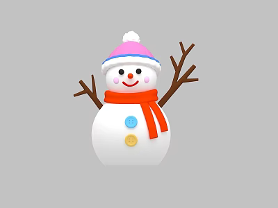 Cute Snowman With Pink And Blue Hat Red Scarf Branch Arms And Colorful Buttons 3d model