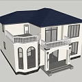 Two Story White Detached Villa With Blue Roof Balcony And Green Trees