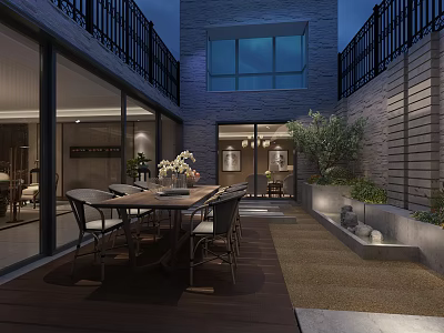 Courtyard Garden Landscape With Wooden Flooring Dining Table Chairs Plants And Water Feature 3d model
