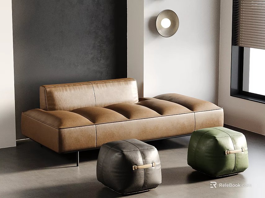 Brown Leather Sofa Set with Gray and Green Leather Ottomans in Modern Interior 3d model 