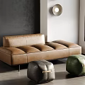 Brown Leather Sofa Set with Gray and Green Leather Ottomans in Modern Interior