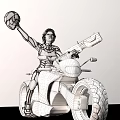 Armored Woman Riding Red Motorcycle With Gold Wheels And Large Tires Holding Weapon
