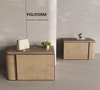 Poliform Modern Minimalist Light Wood Nightstands With Beige Bag Small Plant Decorative Item And Book 3d model
