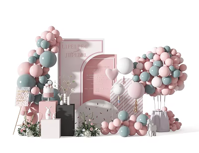 Lifetime Memories Celebration Decoration With Pastel Pink Blue Balloons Flowers And Rabbit Figurine 3d model