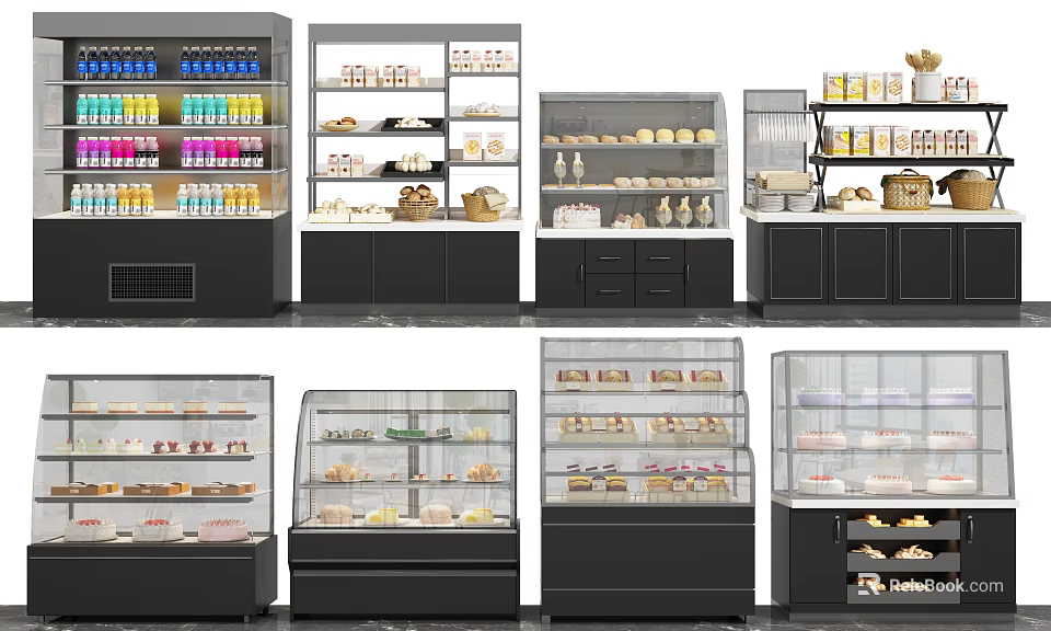Modern Retail Display Shelves with Glass Doors and Multiple Layers for Food Products 3d model 