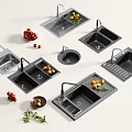 Various Modern Kitchen Sinks with Faucets and Fresh Fruits Vegetables
