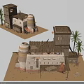 Traditional Detached Villa With Thatched Roof Towers And Palm Trees In Sand