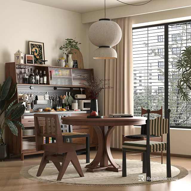Modern Restaurant Interior Featuring Round Wooden Table Chairs Wine Cabinet Green Plants And Pendant Light 3d model 