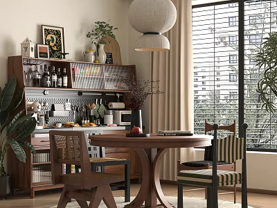 Modern Restaurant Interior Featuring Round Wooden Table Chairs Wine Cabinet Green Plants And Pendant Light 3d model