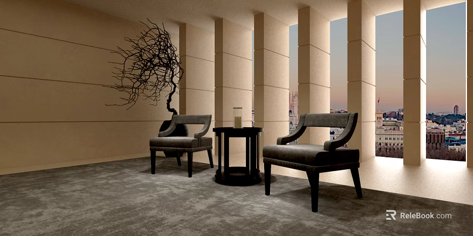 Gray Armchairs With Small Black Round Table In Room With Columns Windows And City View 3d model 