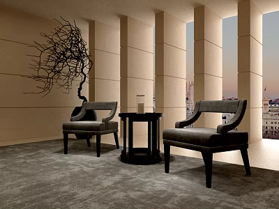 Gray Armchairs With Small Black Round Table In Room With Columns Windows And City View 3d model