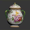 Intricate Ceramic Sculpture With Lid Green Handles Floral Patterns And Gold Accents