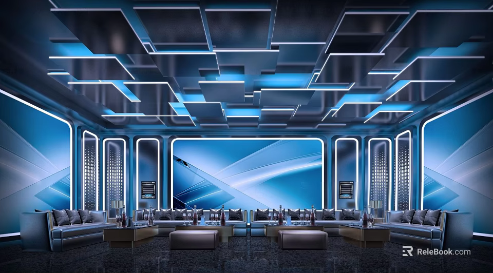 Modern KTV Interior With Blue Lighting Geometric Ceiling Sofa Seating And Large Screen Backdrop 3d model 
