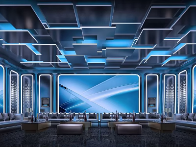 Modern KTV Interior With Blue Lighting Geometric Ceiling Sofa Seating And Large Screen Backdrop 3d model
