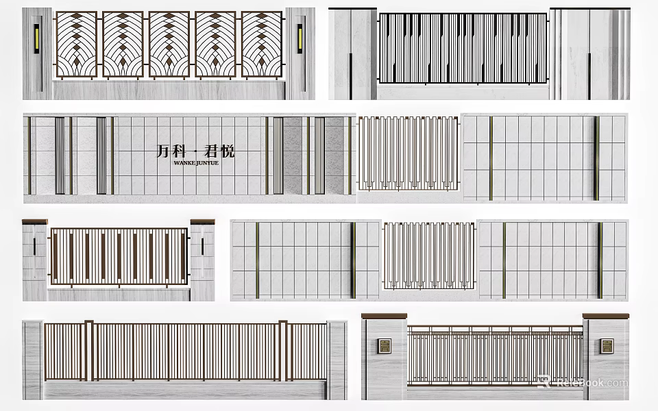 Modern Building Exterior Wall Designs With Grille Patterns Tile Textures And Stripe Details 3d model 