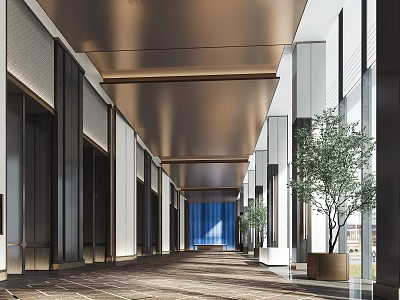 Modern Hotel Lobby Interior With Long Corridor Warm Lighting Blue Accents And Potted Plants 3d model