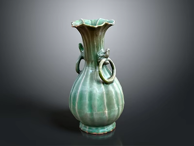 Elegant Green Ceramic Vase With Double Ring Handles For Home Furniture Decor 3d model