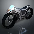 Futuristic Black And White Motorcycle With Sleek Design Large Tires And Transparent Windscreen