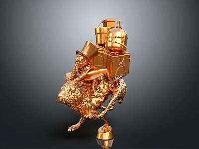 Golden Abstract 3D Model With Geometric Shapes And Mechanical Parts 3d model