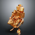 Golden Abstract 3D Model With Geometric Shapes And Mechanical Parts