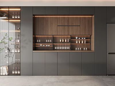 Modern Wooden Wine Cabinet With LED Lighting Wine Bottles And Glassware Storage Design 3d model