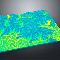 Highly Detailed 3D Terrain Model With Blue Yellow Elevation Contour Patterns