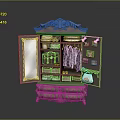 Antique Carved Wooden Wardrobe With Open Doors Mirror Hanging Clothes And Drawers