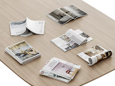 Open Interior Design Books Magazines On Wooden Table With Room Photos Furniture And Text 3d model