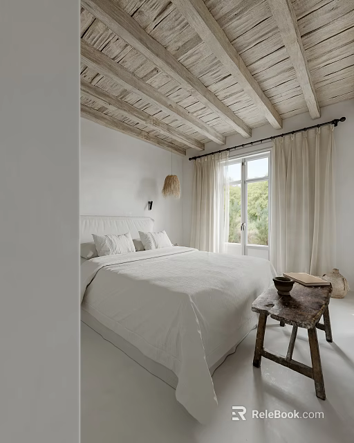 White Bedroom Interior With Wooden Ceiling Beige Curtains And Scenic Window View 3d model 