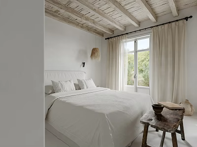 White Bedroom Interior With Wooden Ceiling Beige Curtains And Scenic Window View 3d model