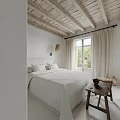 White Bedroom Interior With Wooden Ceiling Beige Curtains And Scenic Window View