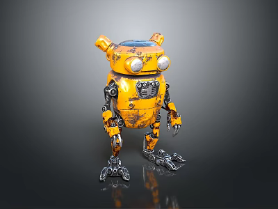 Yellow Worn Mechanical Robot Character With Round Eyes Biomorphic Ears And Metal Clawed Legs 3d model