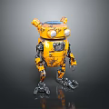 Yellow Worn Mechanical Robot Character With Round Eyes Biomorphic Ears And Metal Clawed Legs