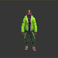 Stylish Hooded Green Jacket with Purple Accents Dark Pants and Pink Shoes