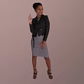 Woman In Black Leather Jacket Gray Skirt High Heels Waving Hand On Brown Background